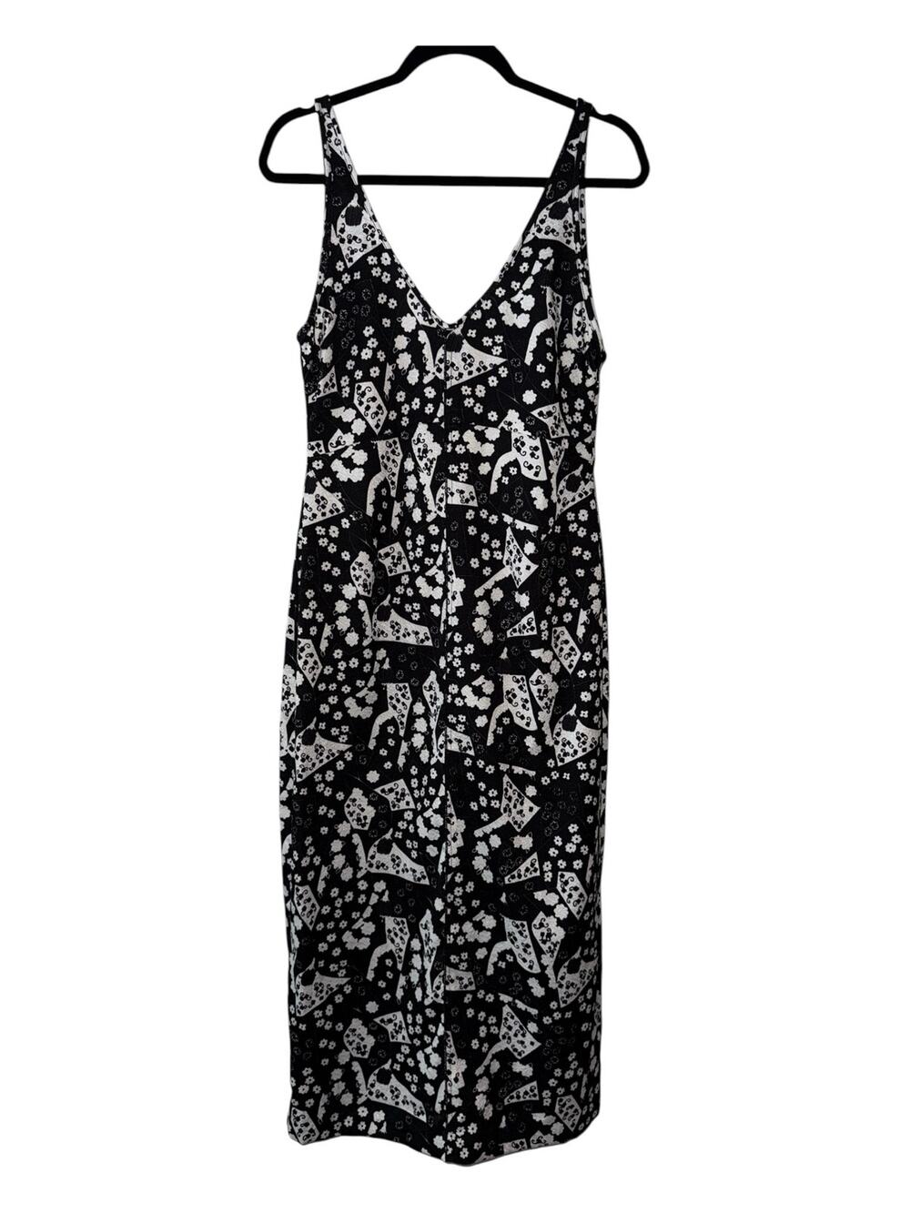 RACHEL COMEY Sz 8 Tank Maxi Dress V Neck Black White Floral Abstract Print Crepe